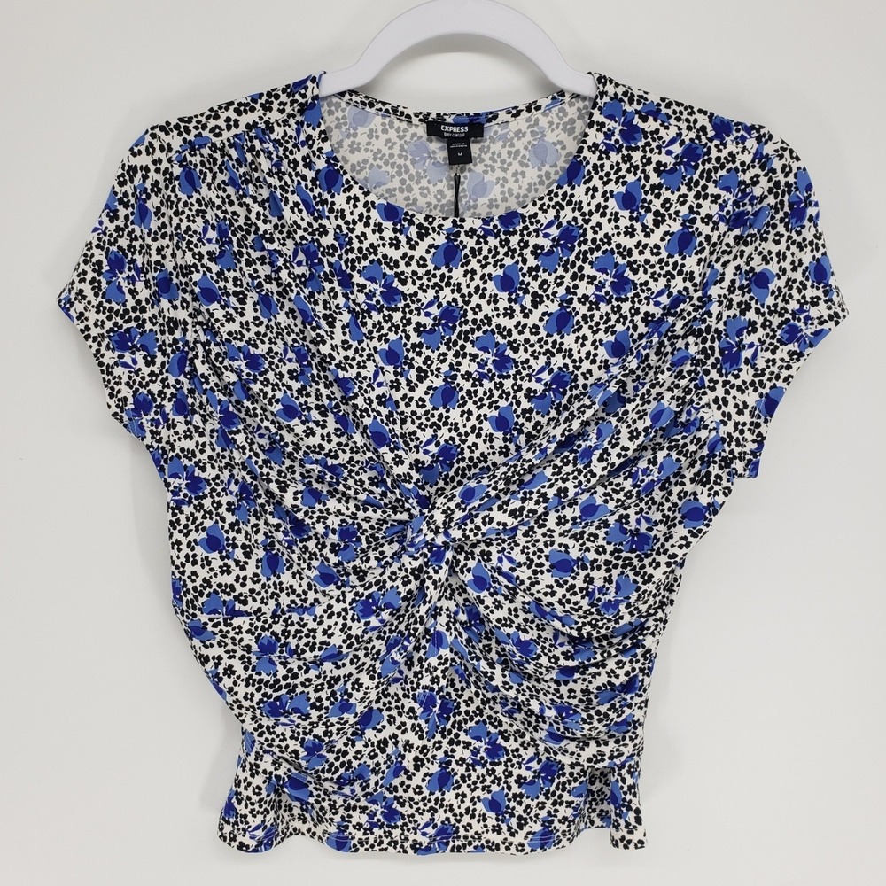 Express Floral Twist Front Body Contour Crop Top Women Size M Blue Short Sleeve